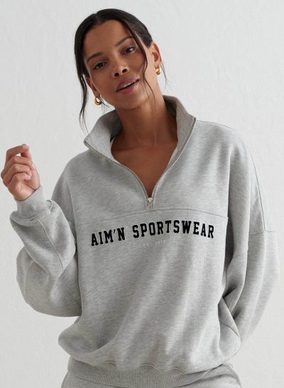 aimn Grey Melange Varsity Sweat Half Zip