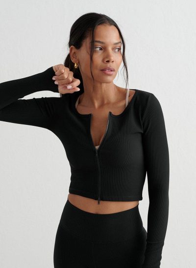 aimn Black Ribbed Performance Zipped Cardigan