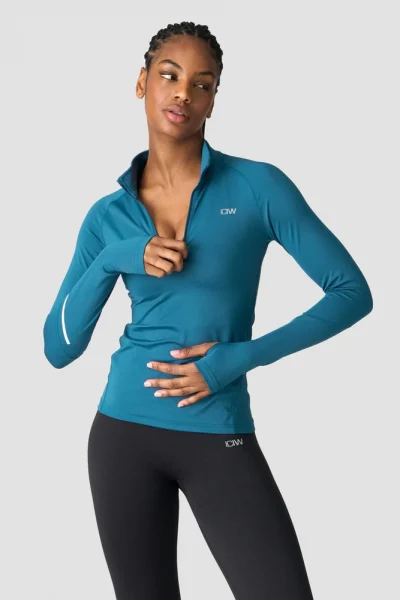 ICIW Everyday Long Sleeve 1/4 Stripe Zipper Teal Kvenna
