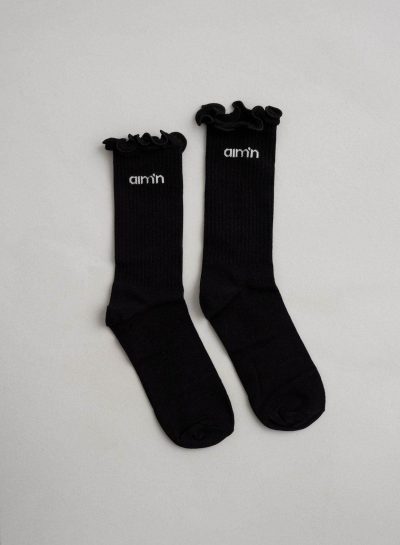 aimn Black Frill Logo Socks