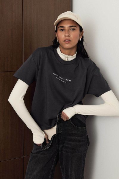 aimn Shadow Grey Serif Boxy T-Shirt