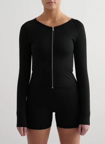 aimn Black Ribbed Seamless Zip Jacket
