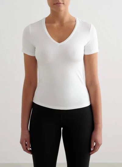 aimn White Soft Basic V Neck Short Sleeve
