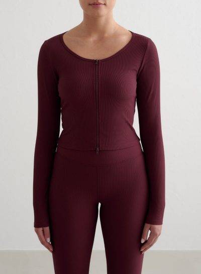 aimn Cherry Ribbed Performance Zipped Cardigan