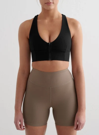 aimn Black Ribbed Performance Zipped Bra
