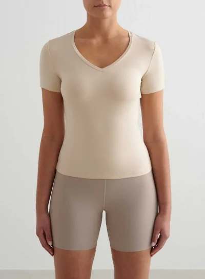 aimn Cafe Au Lait Soft Basic V Neck Short Sleeve