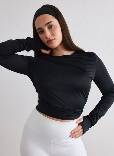 aimn Black Luminous Draped Long Sleeve