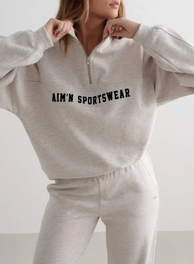 aimn Beige Melange Varsity Half Zip Sweatshirt